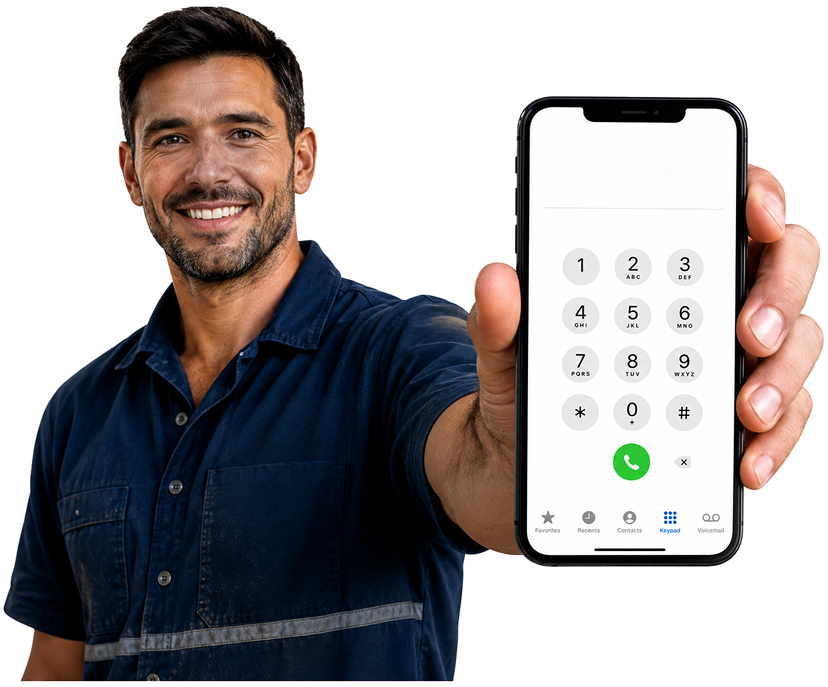 Drummoyne Blocked Drains plumber holding a phone — call 1300 261 965