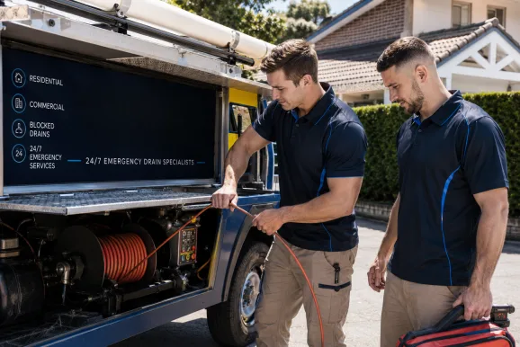 Two plumbers working on a blocked drain in Drummoyne