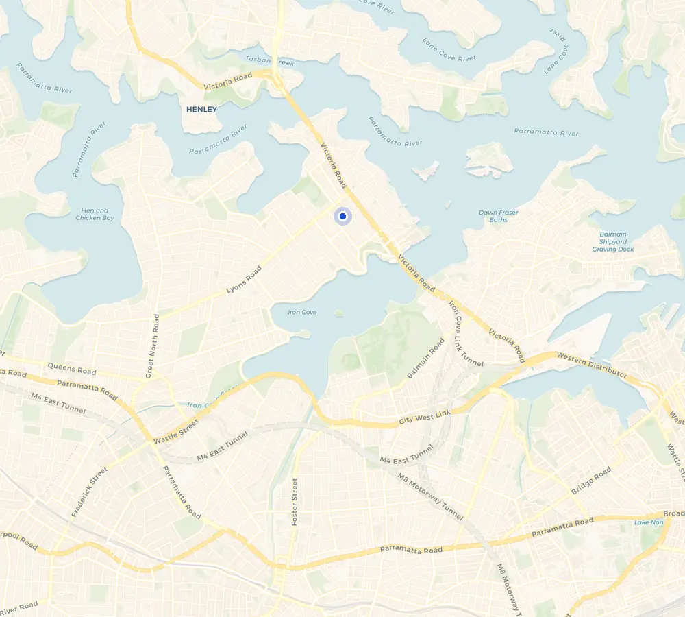 Map of the Drummoyne service area and the surrounding Inner West, showing Drummoyne and the nearby streets we cover.