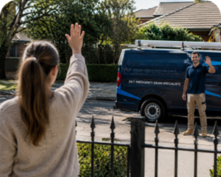 Customer waving goodbye to a Drummoyne Blocked Drains plumber